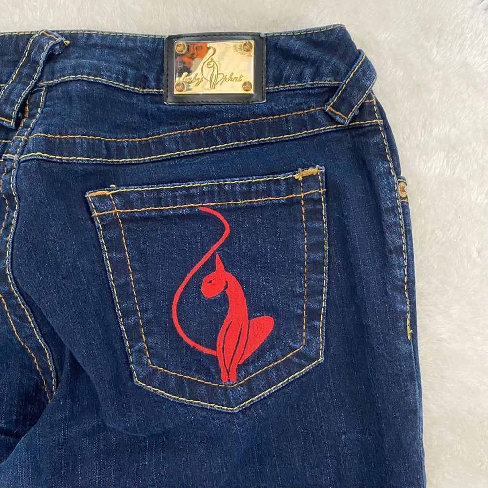Baby Phat Dark Wash Red embroidered stitched logo flare size 9 y2k